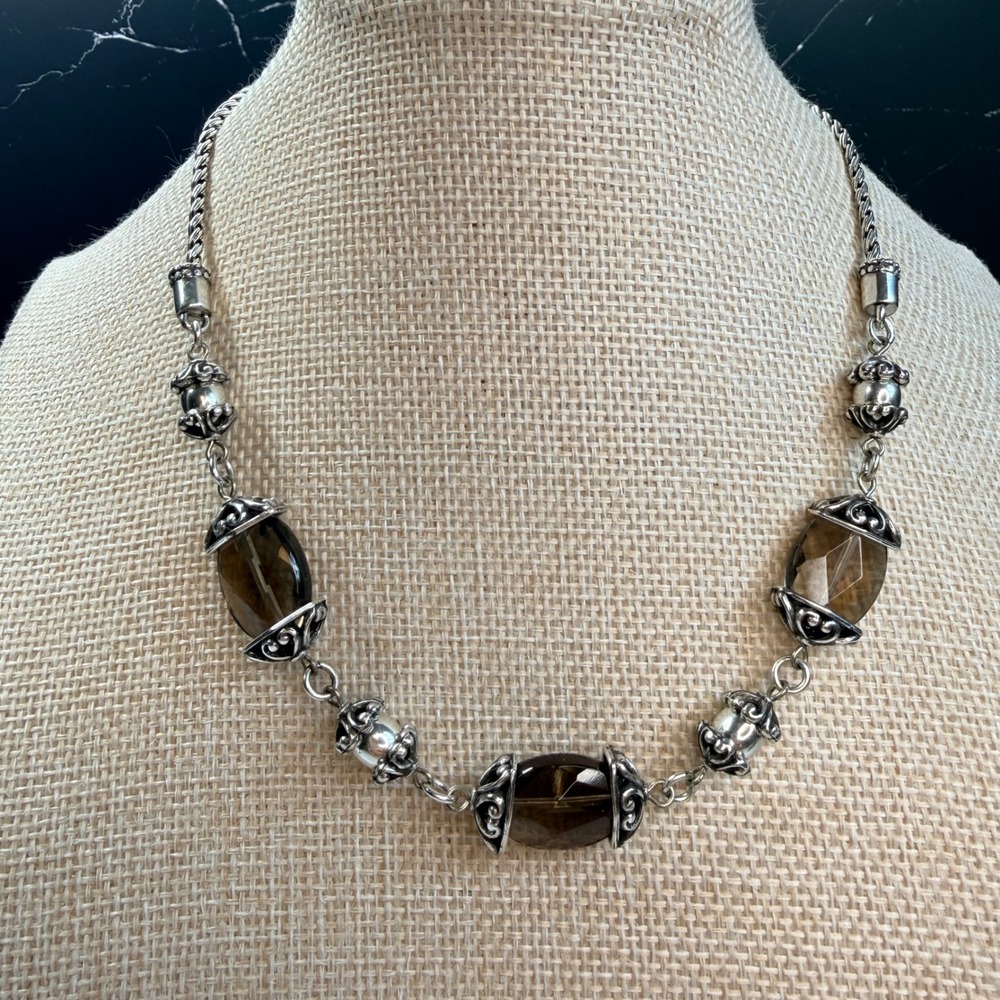 Brighton Silver Tone Smoky Quartz Faceted Bead Scrollwork Necklace 16-19in